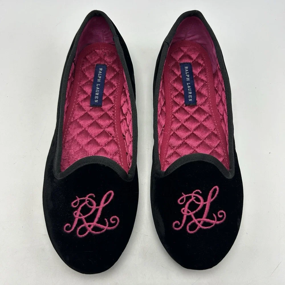 Lauren Ralph Flats Girls 3.5 Black Velvet Slippers Monogram Smoking Old Money